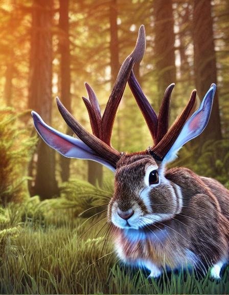 A jackalope resting in a forest