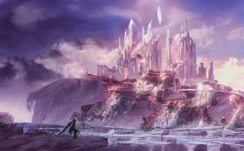 A crystal city on a mountain peak, surrounded by a field of ice