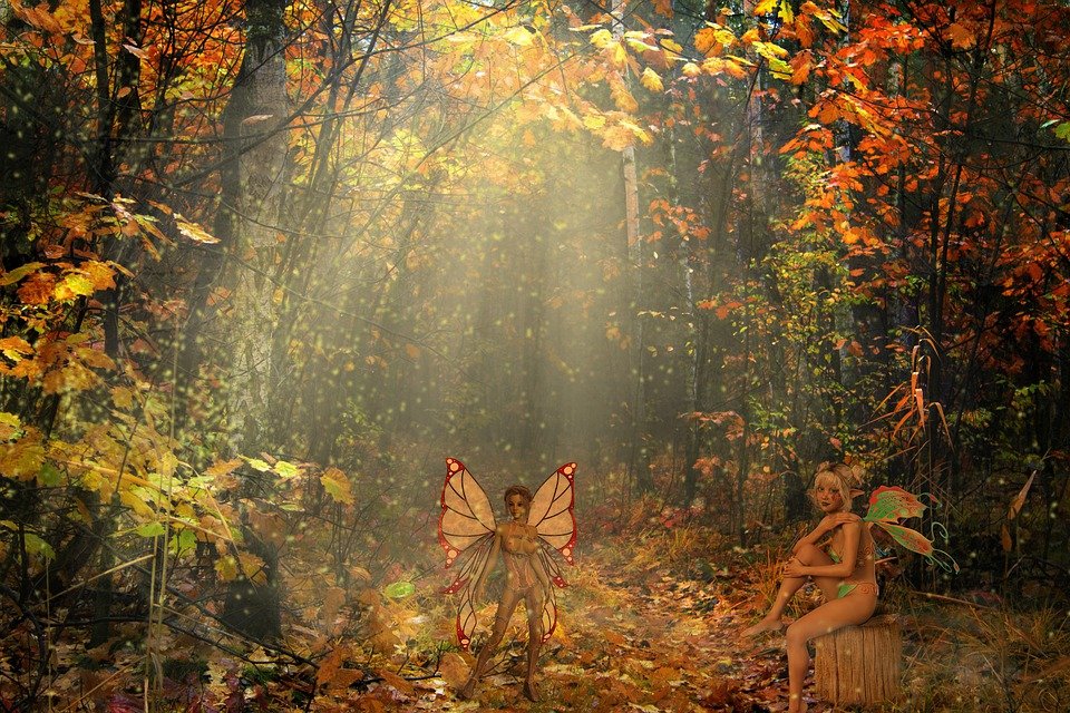 Two small butterfly-winged women in an autumn forest glade