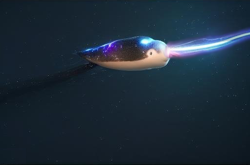 A finless narwhal swimming through space, with a radiant light extending from its horn