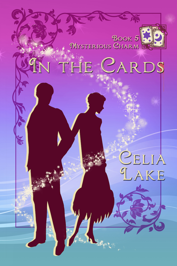 Cover of In The Cards. A man and woman in 1920s dress silhouetted on a pale purple and blue cover. She turns away from him, and they are looking at something to the right of the image. A set of divination cards are inset in the top right. 