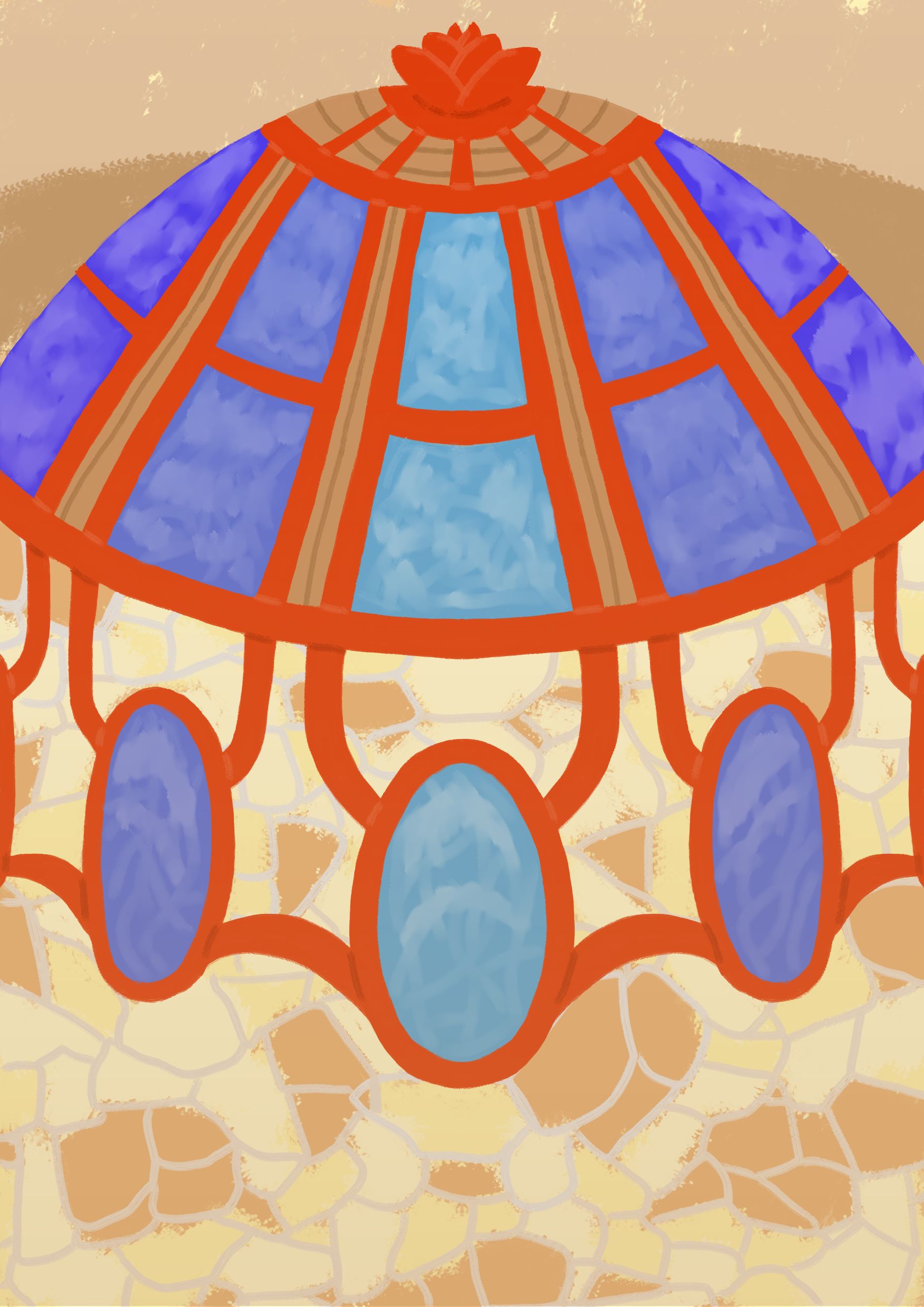 A drawing of a curved roof with quartz windows in it and round quartz windows below it, rimmed in copper.