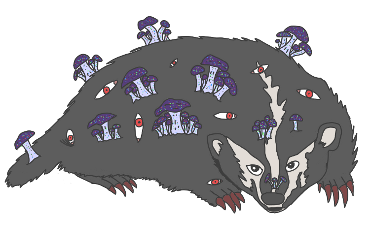 A badger with mushrooms and eyes on his body