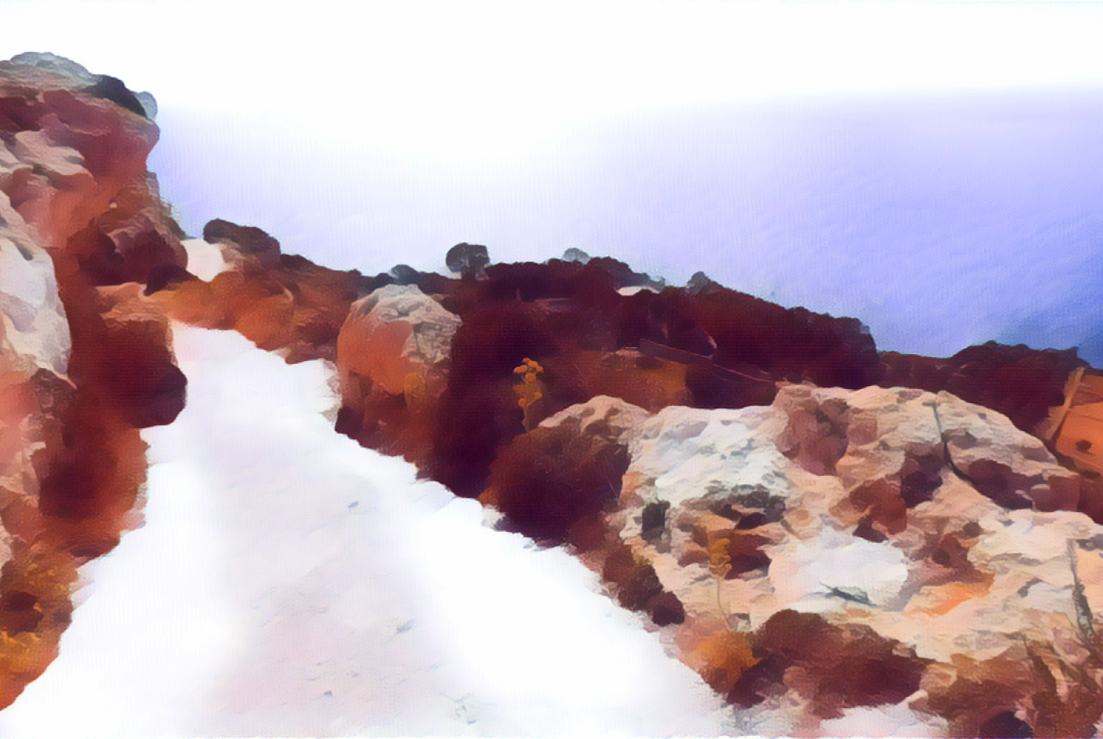 Rendered image of a path with rocks on either side with blue water past the rocks