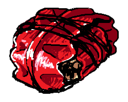 Illustration of a fishcake patty wrapped in red seaweed. It is bound with a thin black string.