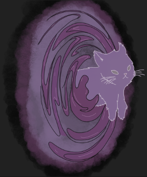 A purplish cat coming through a purple portal