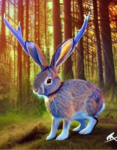 A blue and gold furred young jackalope in the forest