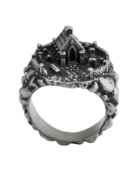 A steel ring with a flat top and rocky outside. The top has a cemetary on it containing a number of gravestones and a mausoleum. The graveyard is ringed by a short wall that is broken on one side.