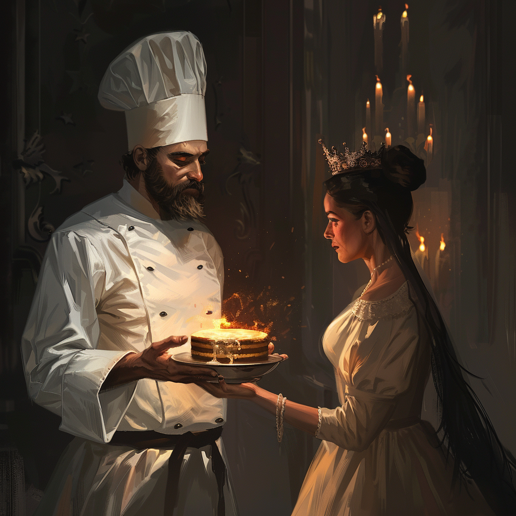 A chef holding a tasty looking cake before a queen. This is thought to be the mytical Dieter's cake