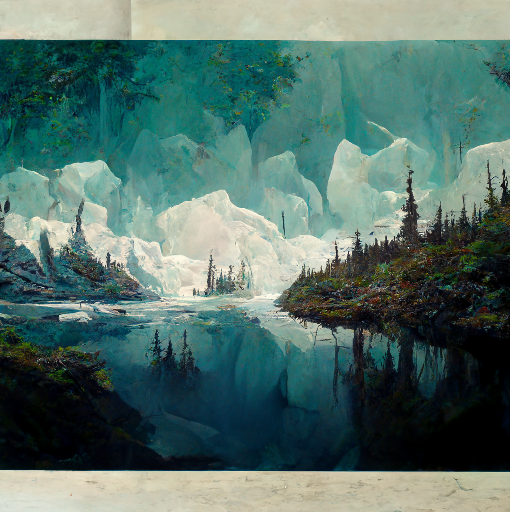 A boreal valley with a cold lake, with glacial ice in the background. 