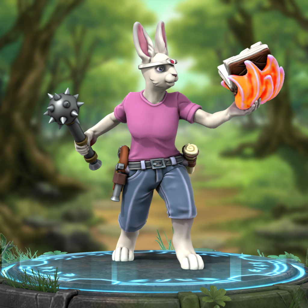 A rabbit-person in jeans and a pink T-shirt, carrying a mace and a book swirling with pink magic