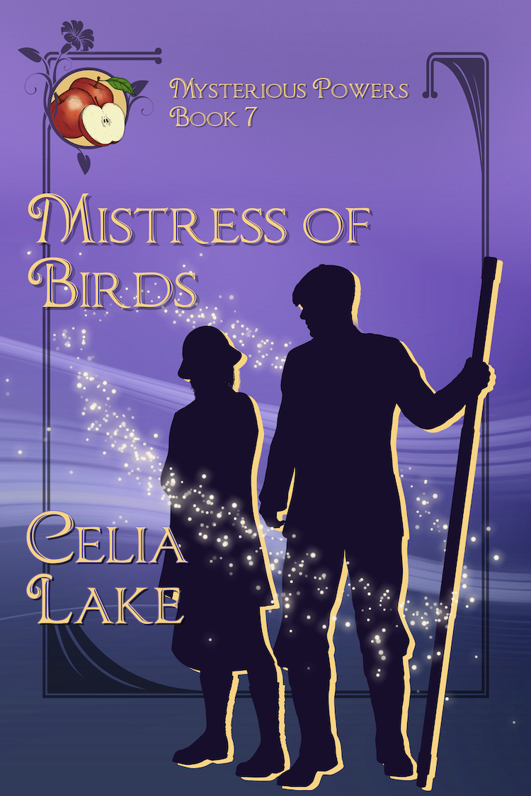 Cover of Mistress of Birds. A man and woman in 1920s clothing silhouetted on a purple and deep blue-grey background. He holds a walking stick as tall as he is and wears a cap, she wears a hat and long sweater. Apples are inset in the top left.