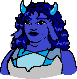 A female minos, with blue colouring and small horns. She's got a welcoming smile.