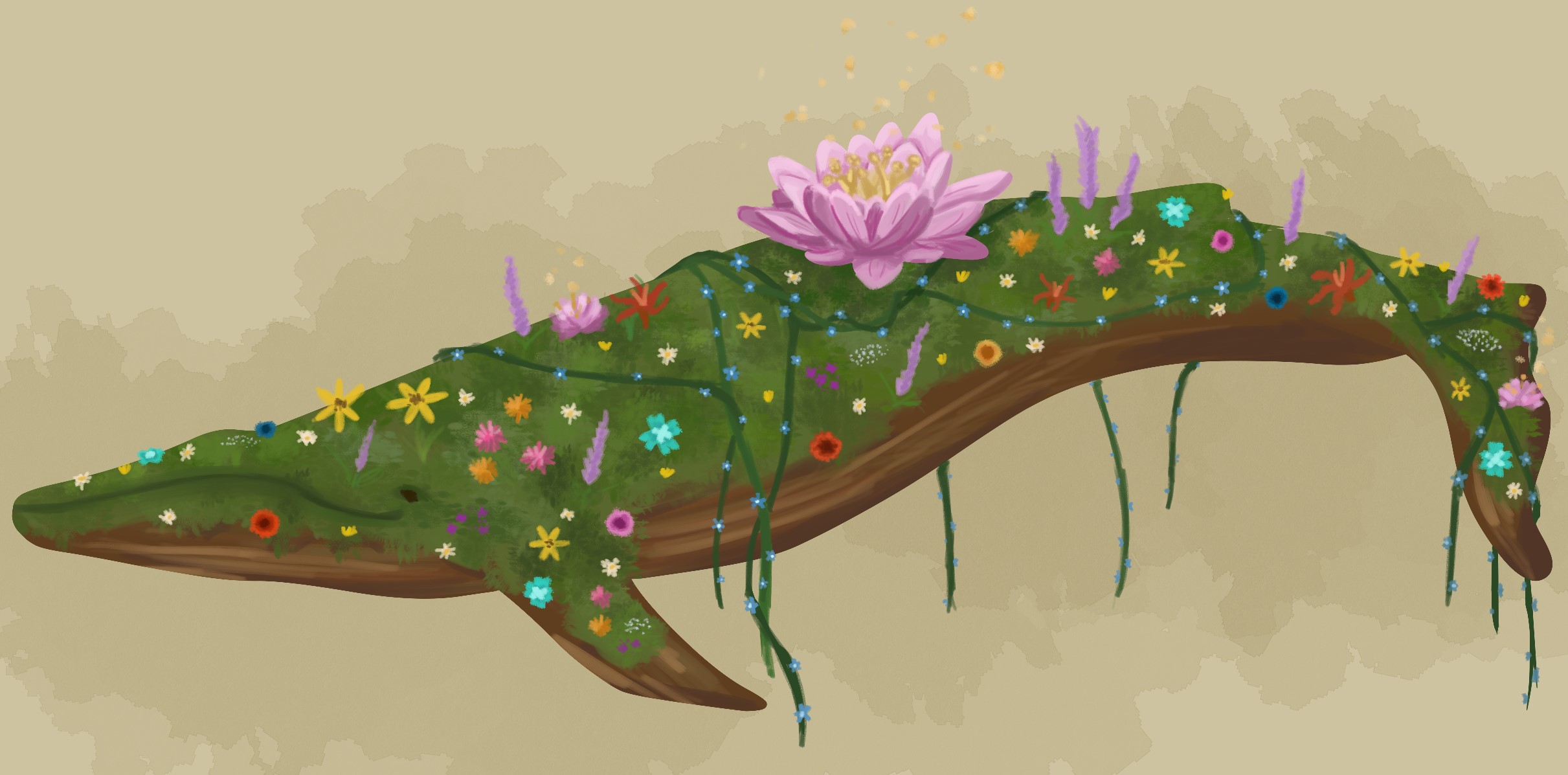 A digital drawing of a blue whale with brown colouration. Its back is covered with moss, vines and flowers. A large lotus flower gives off a faint glow.