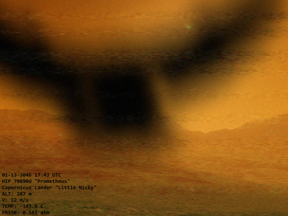 A blurry image of a winged creature in vague silhouette, against a heavily orange-tinted landscape background.