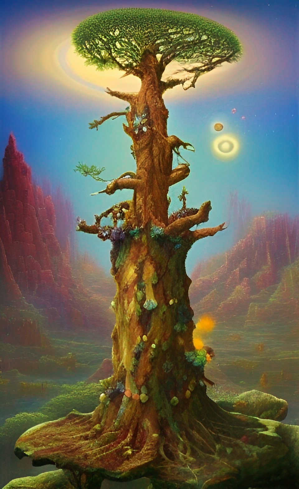 A giant ancient tree, with twin suns in the background.