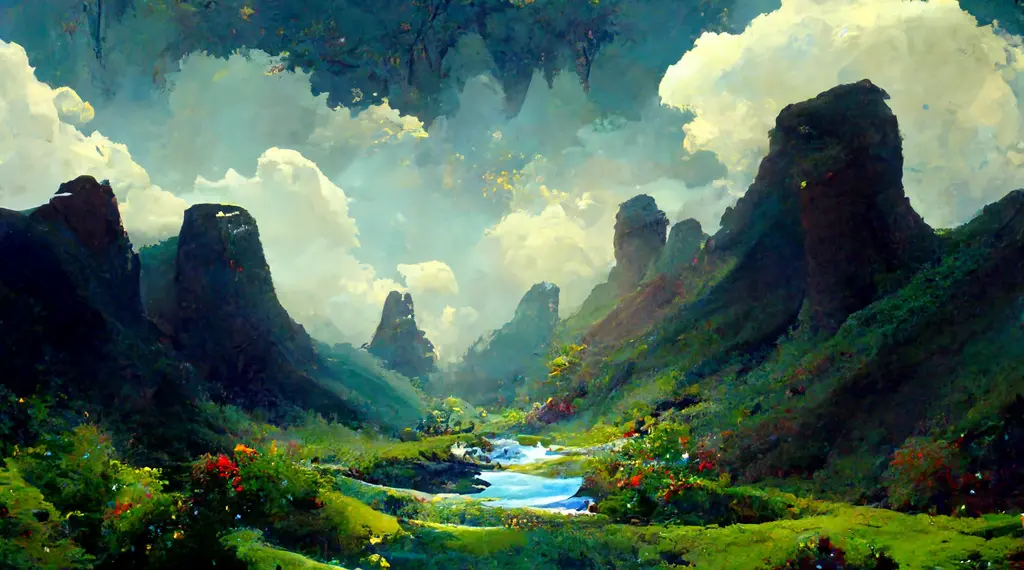 A painting of an idyllic valley with flowers and bright green grass. Mountains rise on both sides.