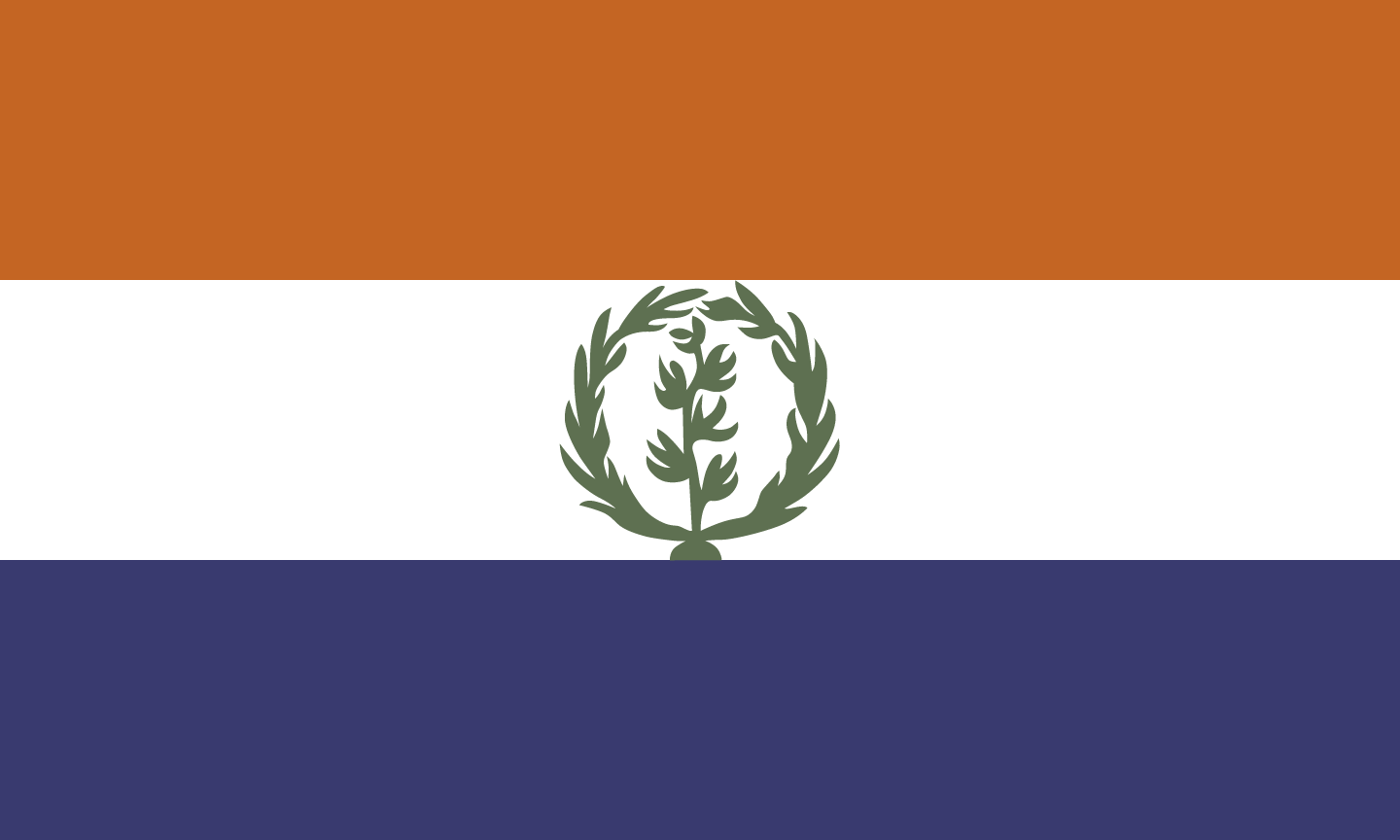 A flag with three horizontal stripes. The top one is russet, the middle is white, and the bottom is a deep blue. Centered in front of the middle stripe is a simple, stylized olive branch. 