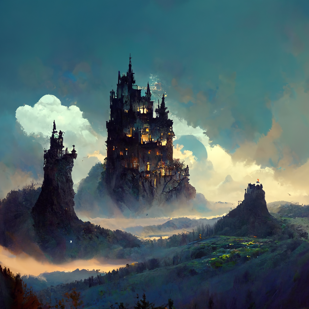 A castle rises in the distance on what looks to be an island shrouded in mist.