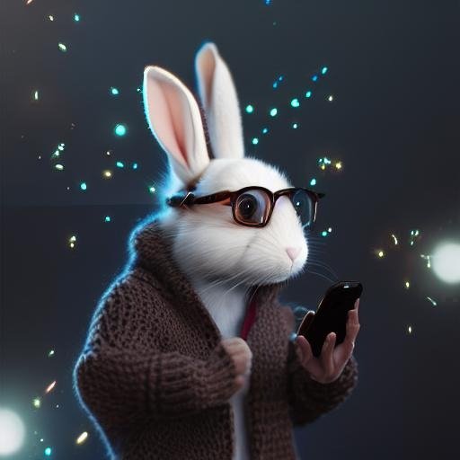An anthropomorphic rabbit in glasses and a sweater, looking at a cell phone