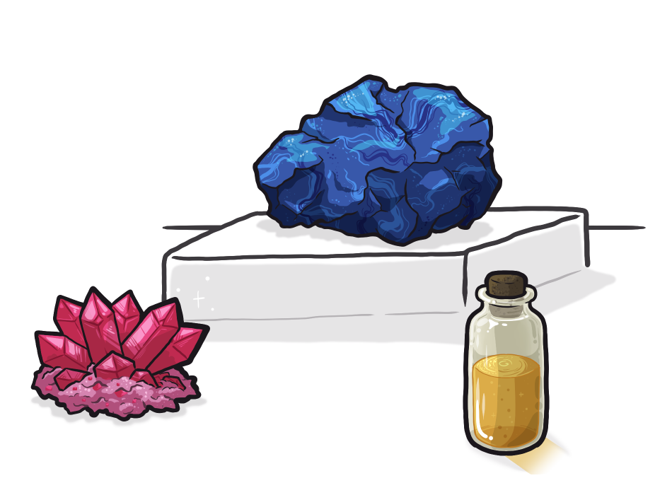 A display of a sparkly blue rock, a cluster of reddish pink crystals, and a small glass bottle filled with sparkly golden liquid