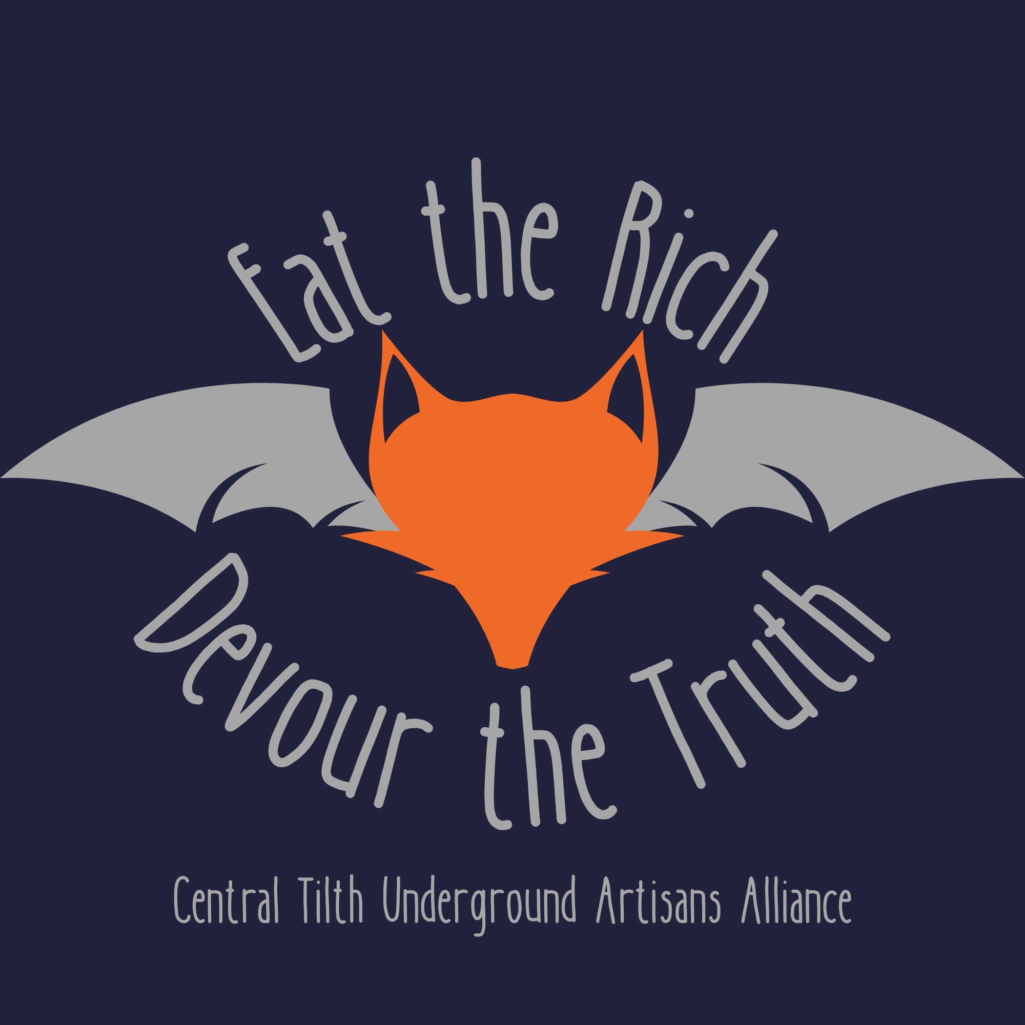 A stylized fox head with bat wings. Text reads 