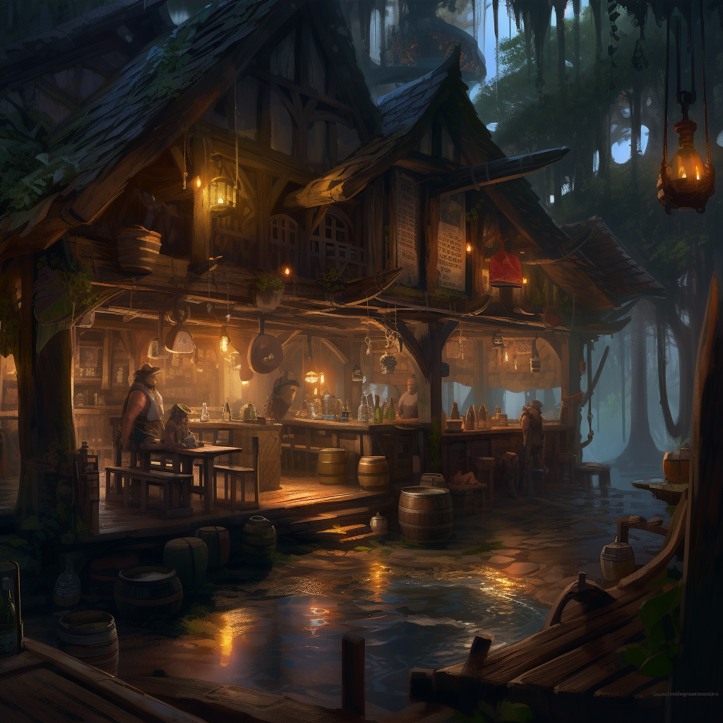 An open-air pub located in a swamp with warm lighting and a few patrons inside.