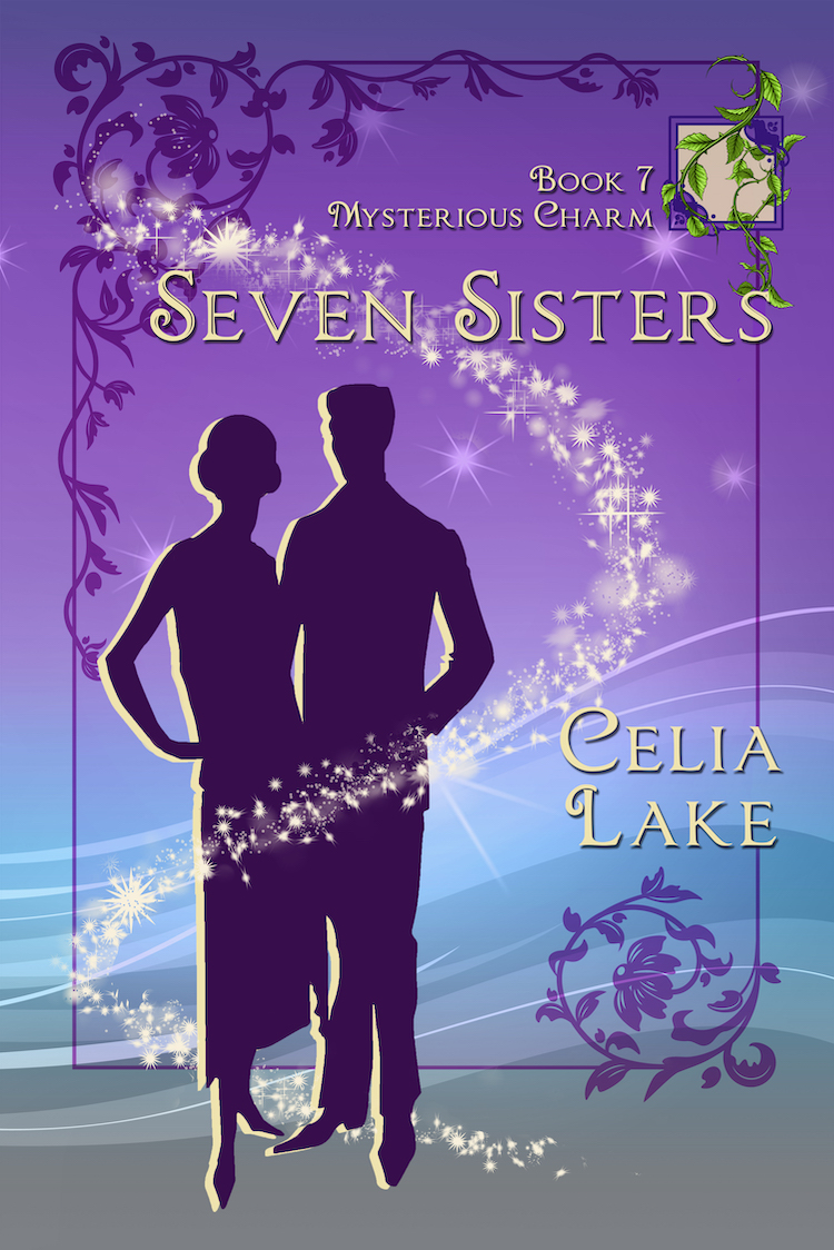 Cover of Seven Sisters. A thin angular woman and man in 1920s dress silhouetted on a background of lavender and grey. Bright green curling vines are inset in the top right. 