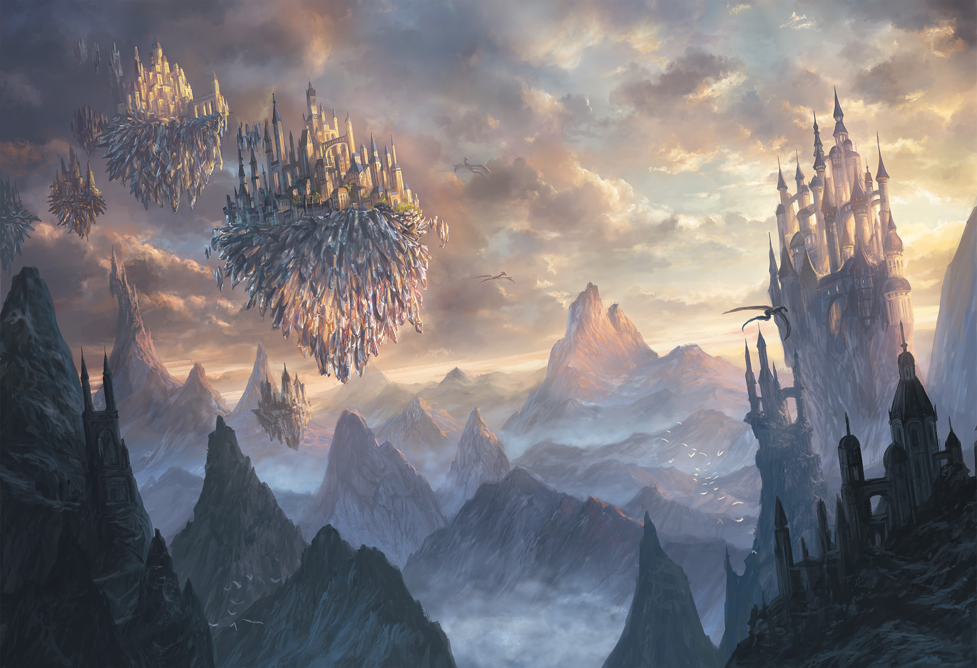 High mountain peaks with crystalline towers and floating crystal castles