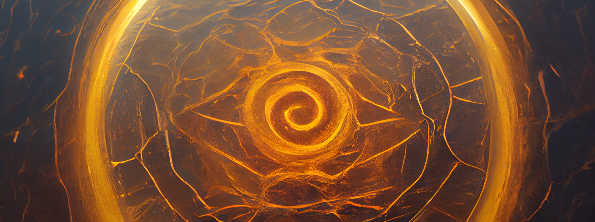 Stylized amber-gold swirl surrounded by ripples within a ring