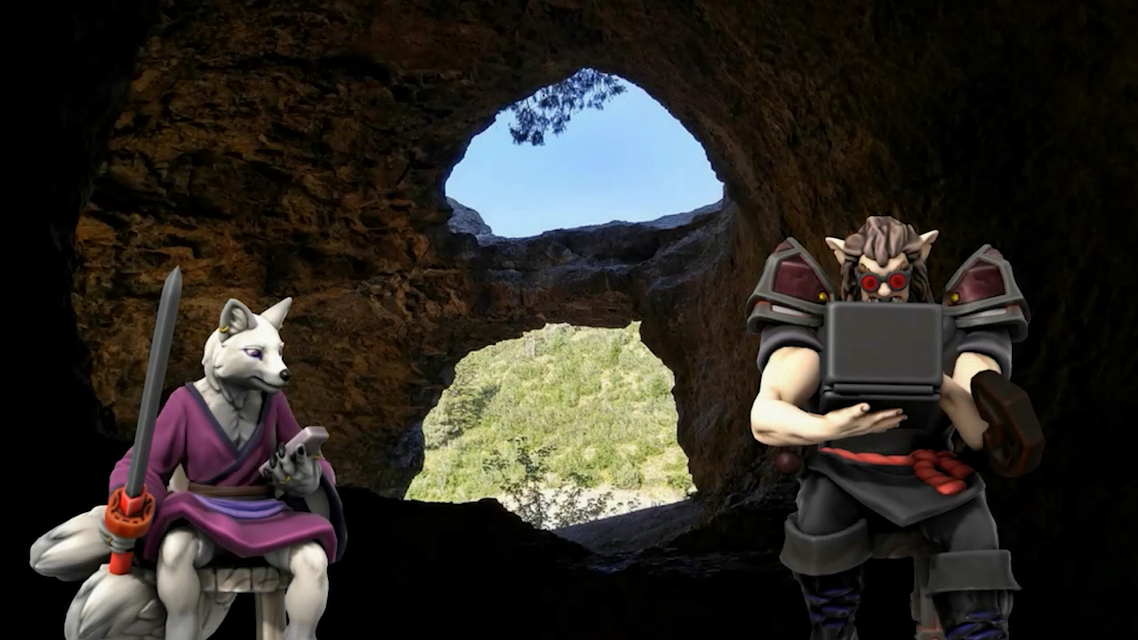 An anthropomorphic fox and a large man writing on phone and laptop in a cavern