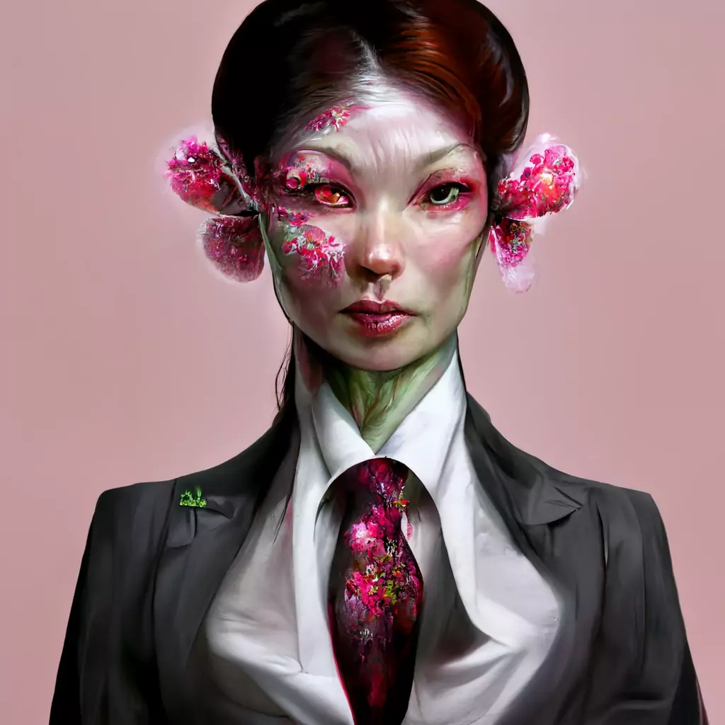 An AI generated image of a dryad woman with cherry blossom ears in a buisness suit.