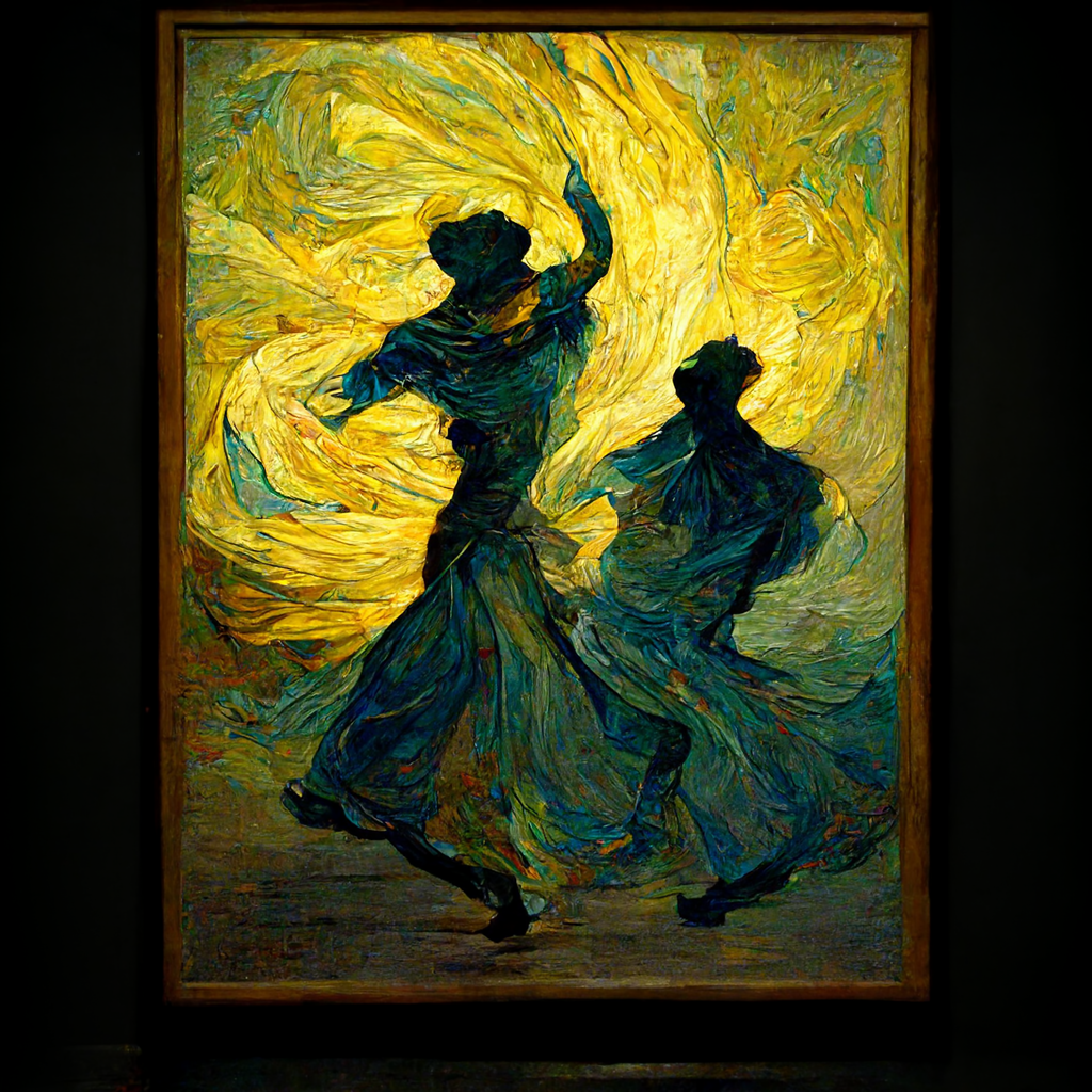 two figures dancing in rough shapes