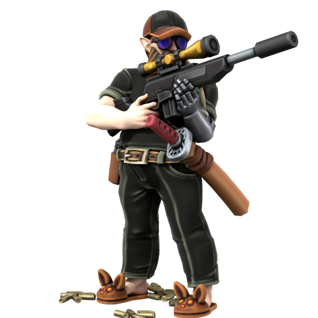 A figure of a bearded man in a ball cap with a sniper rifle and katana and artificial arm, wearing bunny slippers