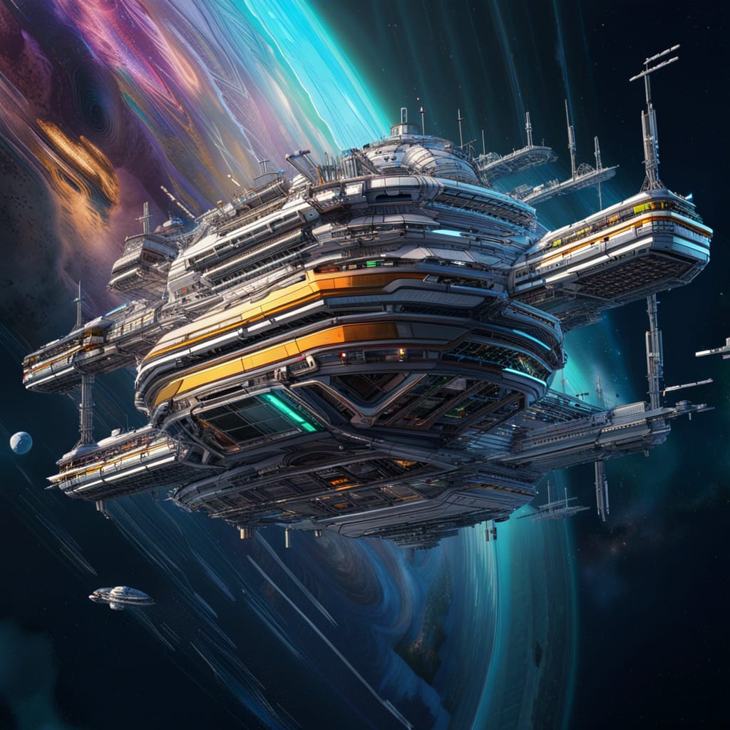 An artistic rendition of a large spaceship with multiple levels drifting through space, with a small planetoid on the left side of the image