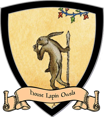 A medieval image of a rabbit armed with a spear on a crest. Text: House Lapin Owsla
