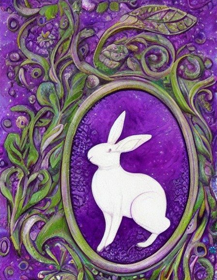 A stylized white rabbit in a leafy mural