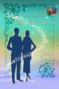 Cover of On The Bias. A man and woman in 1920s clothing are silhouetted against a pale green, yellow, and purple background. A brightly coloured rooster is inset in the top right.