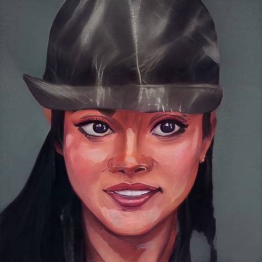 Face of a cheerful woman wearing a black hat. She has brown eyes, black hair, and tiny stud earrings in her earlobes.