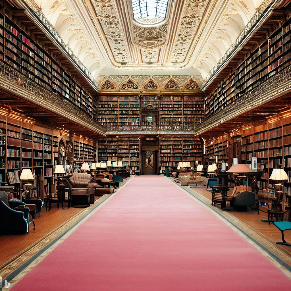 A vast library with a pink carpet, old fashioned wooden shelves and a vaulted ceiling with skylight, furnished with modern furnishings