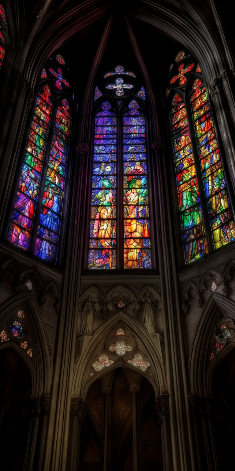 Three tall, thin stained glass windows which all meet in a pointed arch. The left and right windows feature more red and warm tones, while the center is more blue. They are placed high up on a church alcove wall.