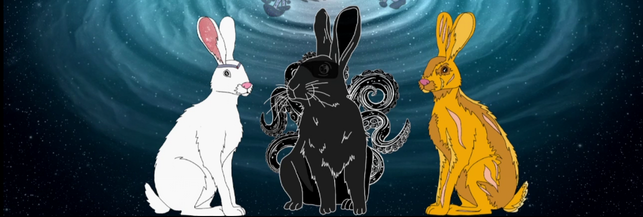 Three bunnies in a starscape
