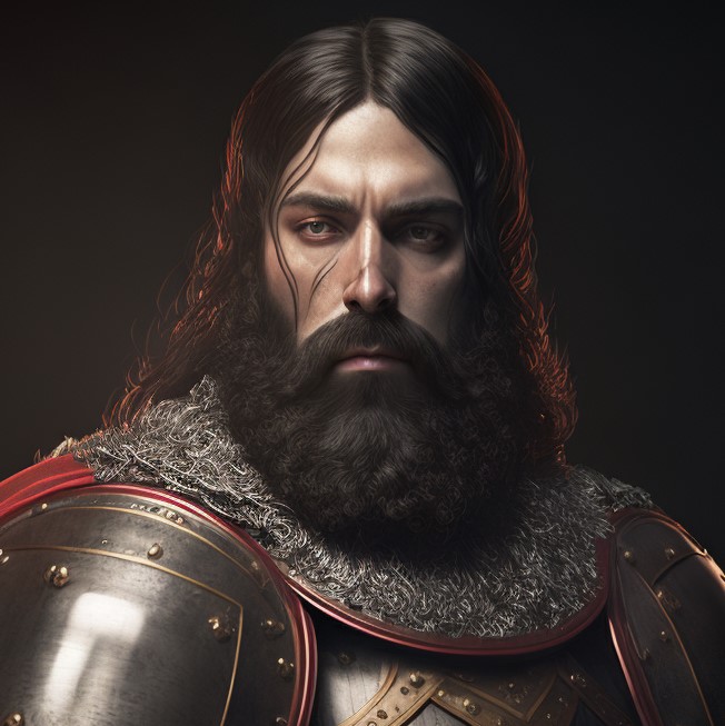 A knight with long flowing dark hair and a full beard wearing armour with red decoration