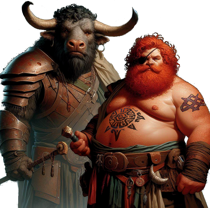 A hulking minotaur—the Hierophant of Annen, Orion—and a pirate—Slem or Port Hren.
