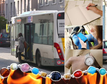 On the left, a woman descending from a bus. On the right, pictures of a woman writing in a notebook, her boots while she sits at the park, and her wristwatch. Below, with a bracelet as divider, we see flames.