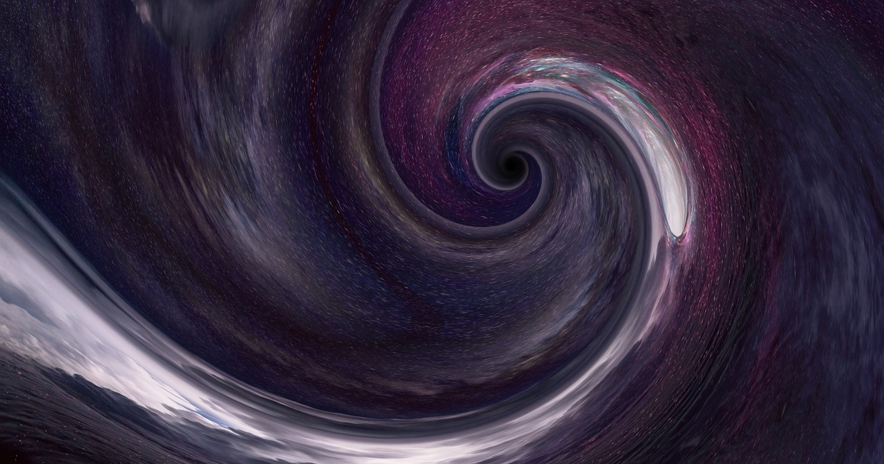 Stars and galaxies in purple and white swirling into a black hole