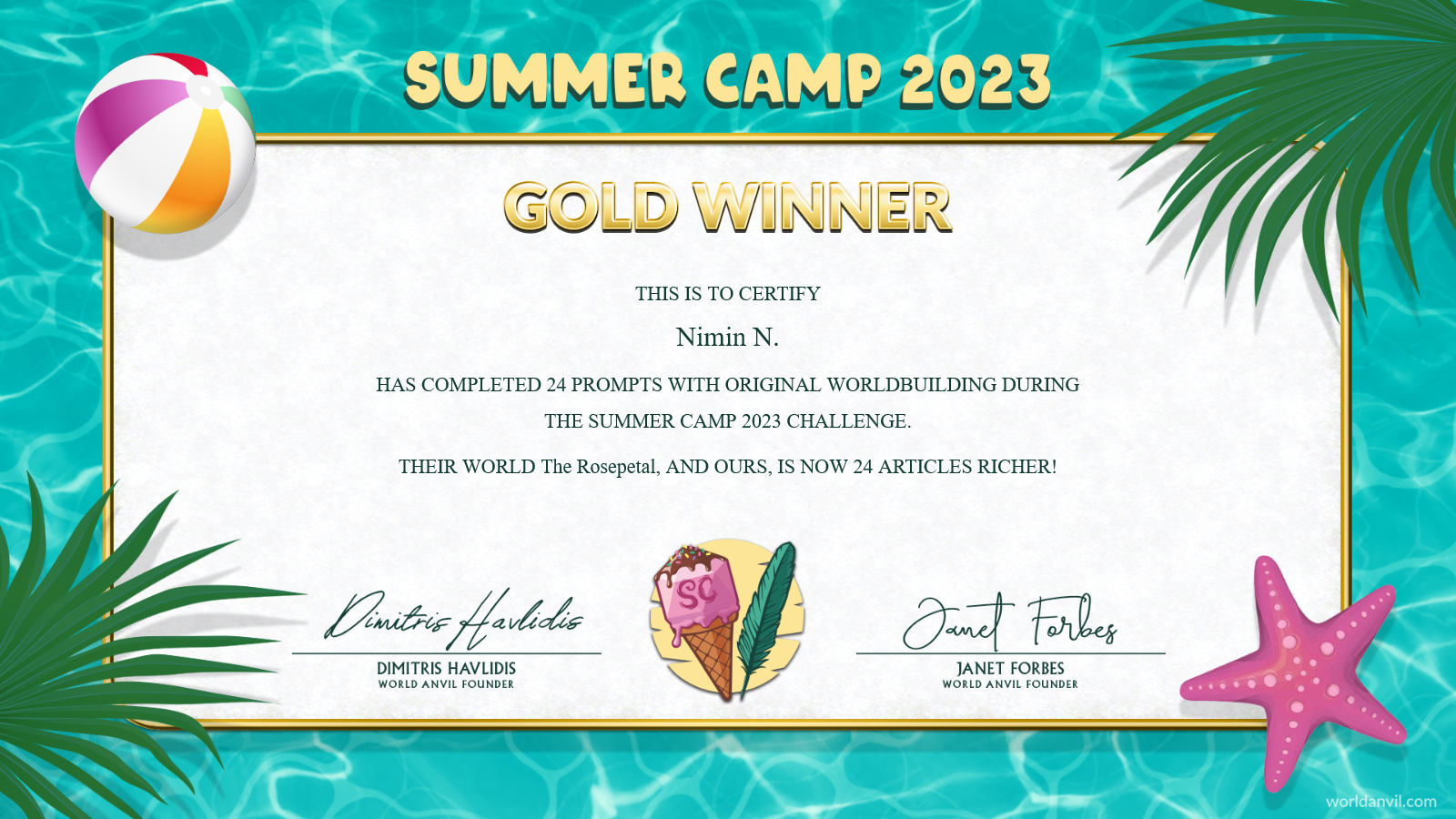 A certificate showing me reaching the gold badge in Summer Camp 2023.