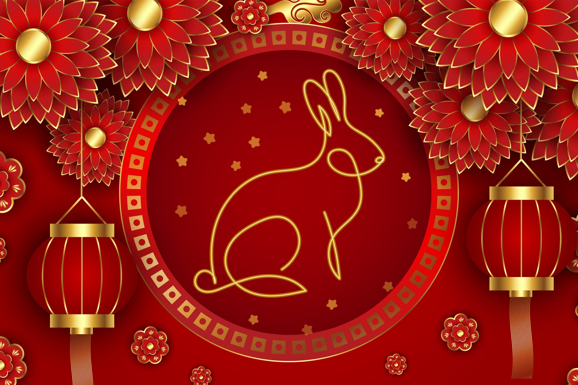 A stylized golden rabbit on a red background with Chinese lanterns