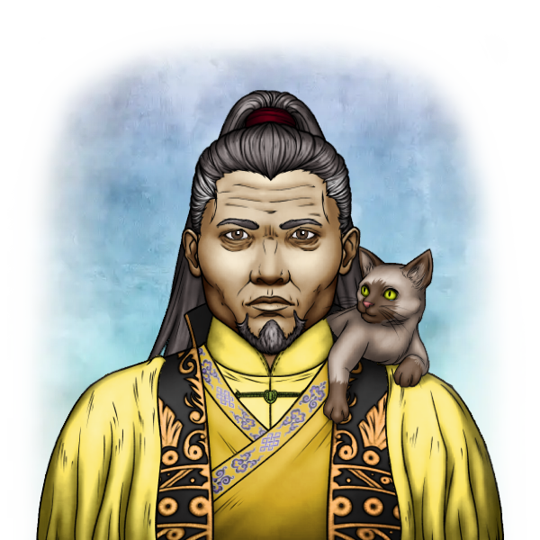 Pan Mo'Kai clad in layered yellow robes, with a kitten on his shoulder