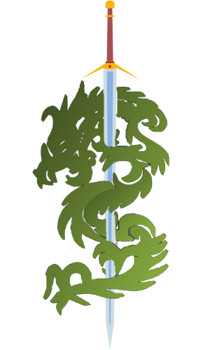 A stylized green dragon wrapped around a long sword, point down